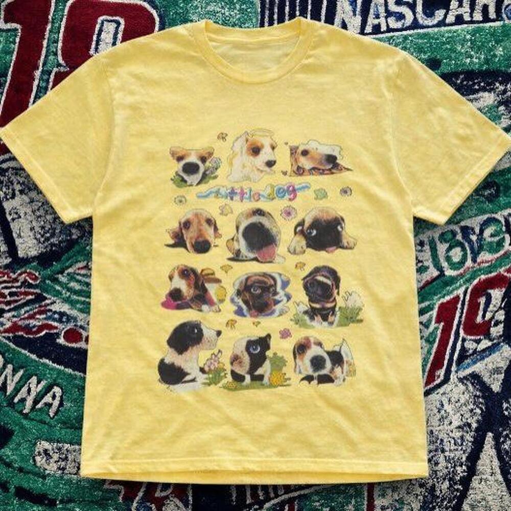 Y2K Cute Puppy Collage Graphic Tee Daisy Yellow Unisex.